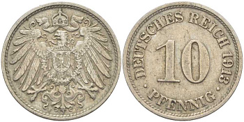 ГЕРМАНИЯ 10 ПФЕННИГОВ 1913 F KM 12, J. 13 медно-никель 210-714