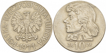 ПОЛЬША 10 ЗЛОТЫХ 1971 MW, ТАДЕУШ КОСТЮШКО KM 50a медно-никель 4403-622