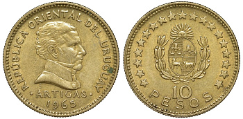 Уругвай 10 песо 1965 KM 48 алюминиевая бронза 4574-933