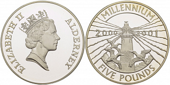 Олдерни 5 фунтов 2000 миллениум KM 26 серебро  PROOF  11-091-31