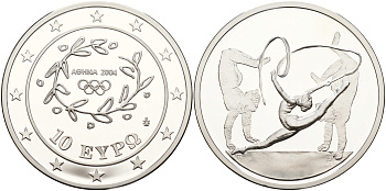 Греция 10 евро 2003 XXVIII летние Олимпийские игры 2004 года в Афинах, художественная гимнастика KM 199 серебро PROOF 11-244-23
