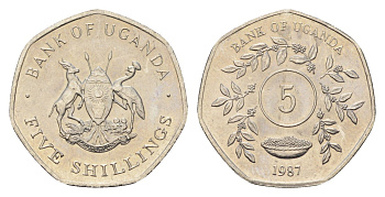 Уганда 5 шиллингов 1987 год-тип KM 29 сталь плакированная никелем UNC 4665-228