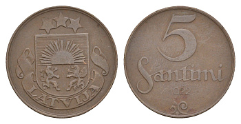 Латвия 5 сантимов 1922 KM 3 бронза 4658-1212