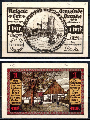 Дренке (Пруссия, Вестфалия) 1 марка 1921
 Mehl Grabowski 287.1 бумага UNC (пресс) 7555-55-3-1