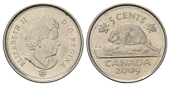 Канада 5 центов 2009 Leaf, Елизавета II (1952-2022), бобр KM 491 сталь плакированная никелем 4689-522