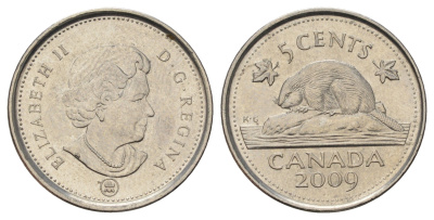 Канада 5 центов 2009 Leaf, Елизавета II (1952-2022), бобр KM 491 сталь плакированная никелем 4689-522