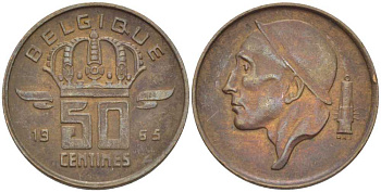 БЕЛЬГИЯ 50 САНТИМОВ 1965 BELGIQUE KM 148.1 бронза 96-1211