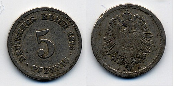 ГЕРМАНИЯ 5 ПФЕННИГОВ 1876 A, СТАРОГЕРБОВКА KM 3, J.3 медно-никель 46-1316