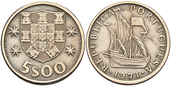 Португалия 5 эскудо 1971 парусник KM 591 медно-никель    4161-755