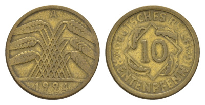 Германия 10 рентенпфеннигов 1924 A KM 33, J. 309 алюминиевая бронза 4615-241