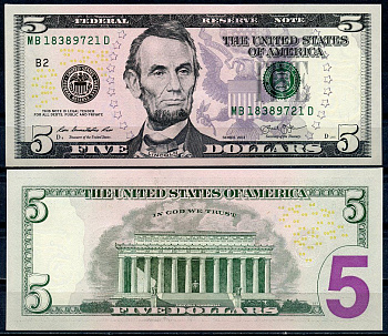 США 5 долларов 2013 Pick 539 бумага UNC (пресс) 7199-21-2