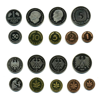 ФРГ набор из 9 монет 1977 J (1, 2, 5, 10, 50 пфеннигов, 1, 2, 2, 5 марок) PROOF N5-25