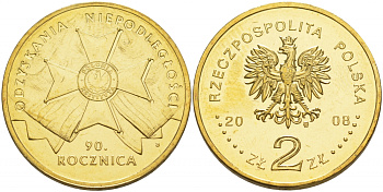 Польша 2 злотых 2008 90 лет восстановления независимости Польши KM 650 латунь UNC M11-17
