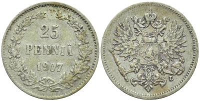 Россия для Финляндии 25 пенни 1907 L, Николай II (1894-1917) KM 6.2, Биткин 415 серебро 57-1113