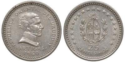 Уругвай 25 сентесимо 1960 KM 40 медно-никель 4169-821