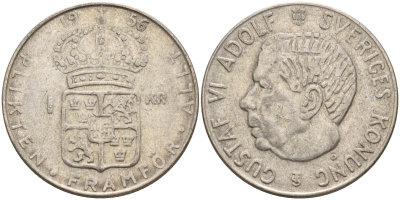 Швеция 1 крона 1956 TS, Густав VI Адольф (1950-1973) KM 826 серебро 4148-1153