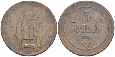 Швеция 5 эре 1884 Оскар II (1872-1907) король Швеции и Норвегии, SMALL LETTERING KM 736 (516) бронза 3457-432