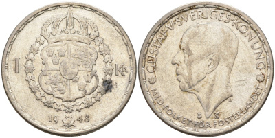 Швеция 1 крона 1948 TS, Густав V (1907-1950) KM 814 серебро 4148-1057