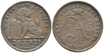 БЕЛЬГИЯ 2 САНТИМА 1912 BELGES KM 64 медь 34-334