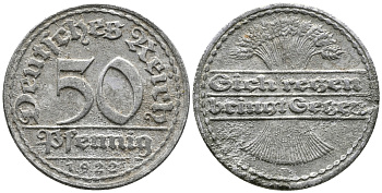 ГЕРМАНИЯ 50 ПФЕННИГОВ 1922 KM 27, J. 301 алюминий 24-1116