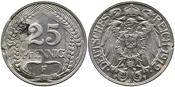 Германия 25 пфеннигов 1912 F KM 18, Weege 12, J.18 никель 93-155