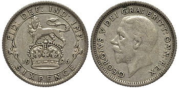 Великобритания 6 пенсов 1926 Георг V (1910-1936), нет зазора над буквой I KM 815a.2, Spink 4025 серебро 4539-154