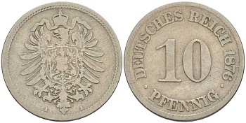 Германия 10 пфеннигов 1876 A, старогербовка KM 4, Jager 4, Weege 7 медно-никель 175-156