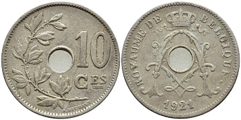 БЕЛЬГИЯ 10 САНТИМОВ 1921 BELGIQUE KM 85.1 медно-никель 4178-722