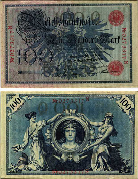 ГЕРМАНИЯ 100 МАРОК 1908 7 ФЕВРАЛЯ 1908, КРАСНАЯ ПЕЧАТЬ, ДЛИННА НОМЕРА СЕРИИ 29 ММ. Pick 33а бумага 7487-69-1