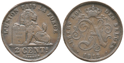БЕЛЬГИЯ 2 САНТИМА 1912 BELGES KM 64 медь 34-334