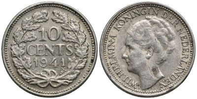 Нидерланды 10 центов 1941 Вильгельмина I (1890-1948) КМ 163 серебро 4549-1049