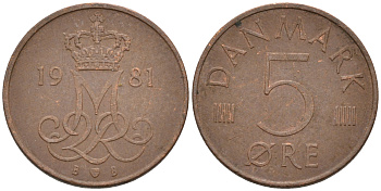 ДАНИЯ 5 ЭРЕ 1981 B; B, МАРГРЕТЕ II (1972-) KM 859.2 железо плакированное медью 4564-1167