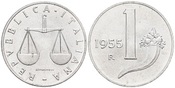 Италия 1 лира 1955 R, весы KM 91 алюминий  UNC  4594-648