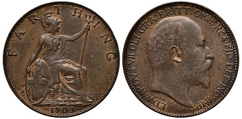 Великобритания 1 фартинг 1901 Эдуард VII (1901-1910), KM 792, Spink 3992 бронза 117-354