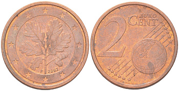 Германия 2 евроцента 2002 F KM 208 сталь плакированная медью 4614-723
