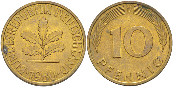 ФРГ 10 ПФЕННИГОВ 1980 D KM 108, J. 383 сталь плакированная латунью 4182-916