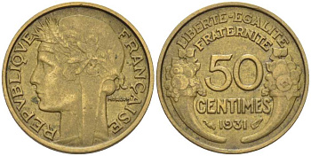 ФРАНЦИЯ 50 САНТИМОВ 1931 ТИП MORLON KM 894.1, LE FRANC 192.4 алюминиевая бронза 201-855