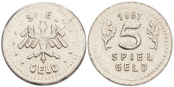 Германия игровой жетон 1961 5 SPECIAL GELD, МАГНИТНЫЙ, диаметр 15 мм. сталь 192-325