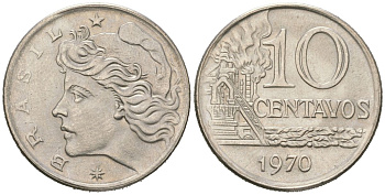 Бразилия 10 сентаво 1970 KM 578 медно-никель aUNC 4121-1117