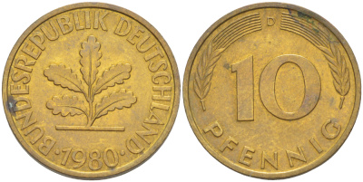 ФРГ 10 ПФЕННИГОВ 1980 D KM 108, J. 383 сталь плакированная латунью 4182-916