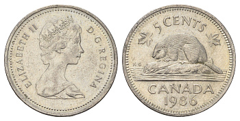 Канада 5 центов 1986 Елизавета II (1952-2022), бобр KM 60.2a медно-никель 4689-429