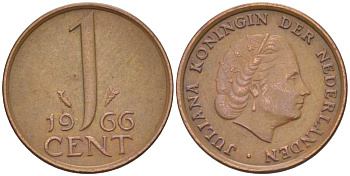 НИДЕРЛАНДЫ 1 ЦЕНТ 1966 КОРОЛЕВА ЮЛИАНА KM 180 бронза 3955-128