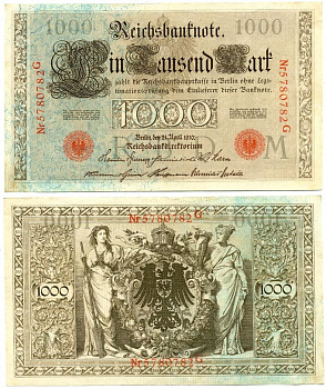 ГЕРМАНИЯ 1000 МАРОК 1910 КРАСНАЯ ПЕЧАТЬ, 7 ЦИФР В НОМЕРЕ Pick 44b бумага 2192-30-2