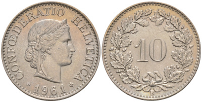 Швейцария 10 раппенов 1961 В KM 27 медно-никель 188-734