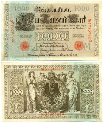 ГЕРМАНИЯ 1000 МАРОК 1910 КРАСНАЯ ПЕЧАТЬ, 7 ЦИФР В НОМЕРЕ Pick 44b бумага 2192-30-2