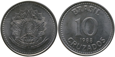 Бразилия 10 крузадо 1988 KM 607, Schon 116 нержавеющая сталь 4519-745