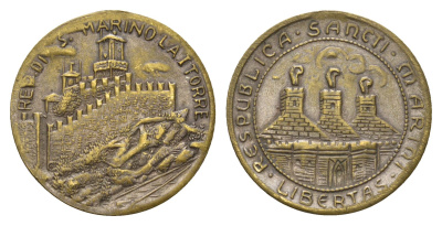 Сан-Марино туристическая медаль "Путь Святого Марино" диаметр 23 мм, вес 3,3 гр латунь 4670-1011