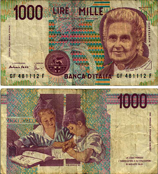 Италия 1000 лир 1990 Мария Монтессори Pick 114c 6312-61-2-2