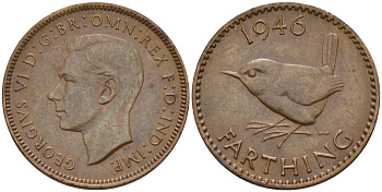 Великобритания 1 фартинг 1946 Георг VI (1936-1952) KM 843, Spink 4116 бронза 4154-261