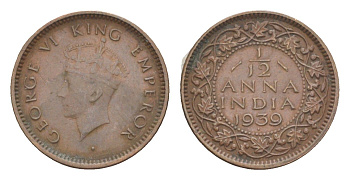 Британская Индия 1/12 анна 1939 монетный двор точка - Бомбей, Георг VI (1936-1952) KM 526 бронза 4649-328